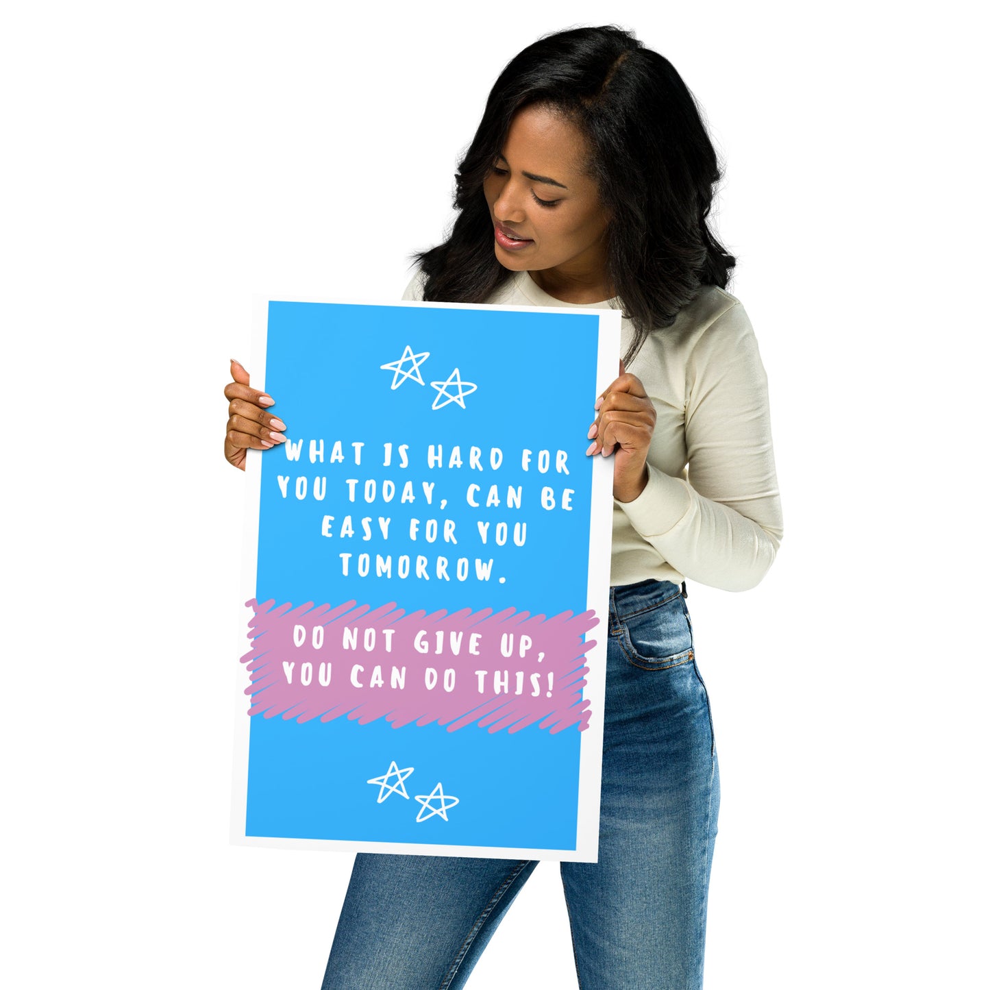 Front facing blue with pink stripe thin canvas wall decor with the phrase, What is hard for you today can be easy for you tomorrow. Do not give up, you can do this! Size 12x18 inches.